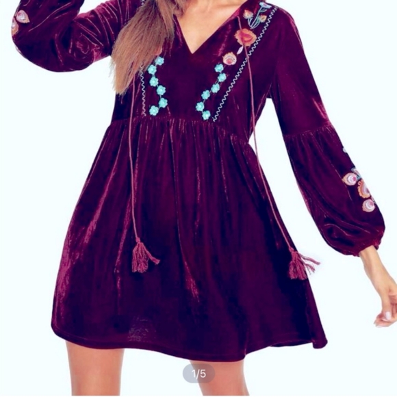 Cherry Cola Red BOHO Flower Embroidery Short Velour/Velvety Fall dress size L - Picture 2 of 8